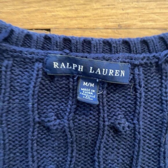Vtg Ralph Lauren Sweater Womens Medium Navy Cable Knit V Neck Red Pony Pullover - Picture 3 of 10